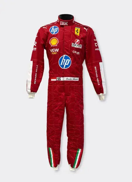 Front view of Monza 2025 F1 racing suit in Charles Leclerc’s Ferrari colors, with detailed sponsor patches