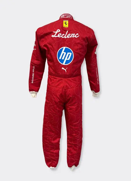 Back view of the 2025 Charles Leclerc Ferrari Monza F1 replica suit, showcasing driver name 'Leclerc', Monza edition details, and Ferrari branding