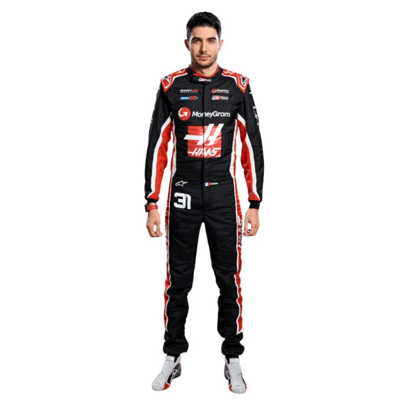 Esteban Ocon replica race suit presented on a mannequin, showcasing complete design.