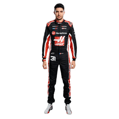 Esteban Ocon replica race suit presented on a mannequin, showcasing complete design.