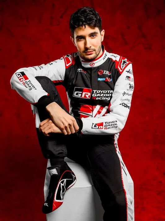 Person wearing a Toyota Gazoo racing suit against a red background