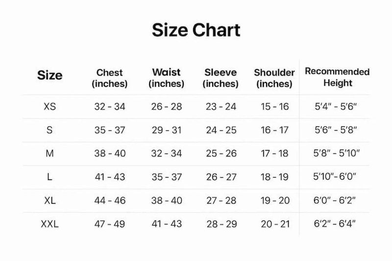 Size chart for clothing with measurements in inches and recommended heights.