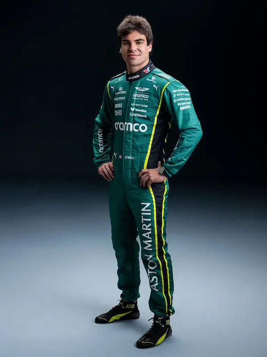 Front view of Lance Stroll 2026 replica race suit with team and sponsor branding.