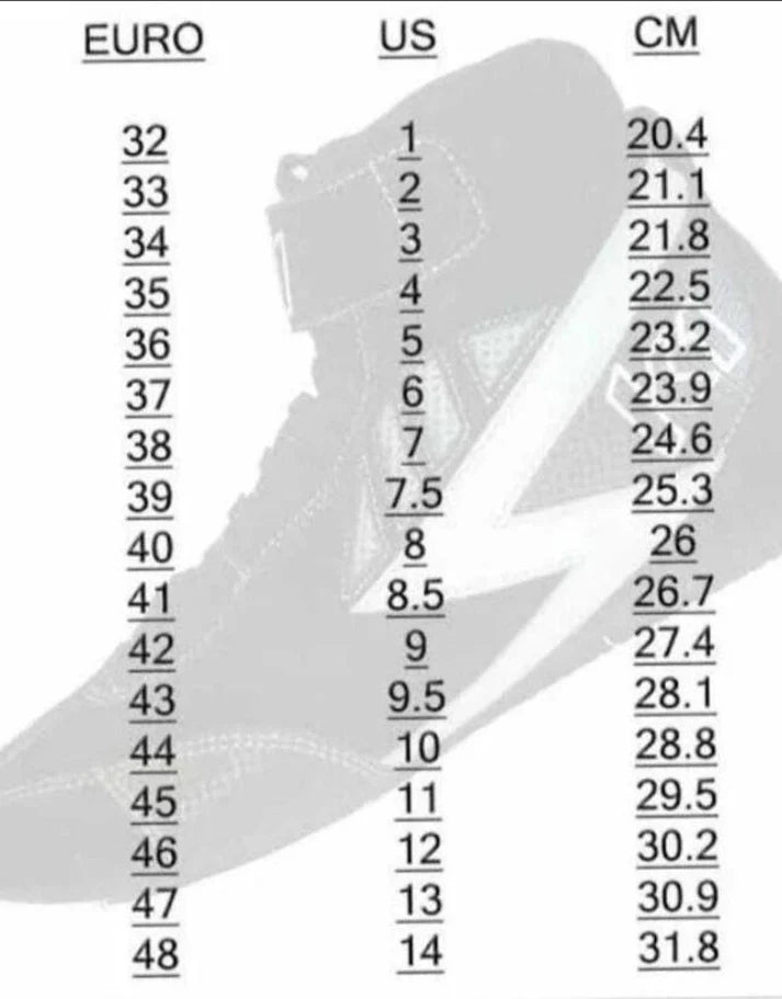 Shoe size chart with Euro, US, and CM measurements on a shoe silhouette background.