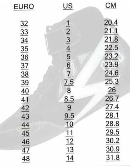 Shoe size chart with Euro, US, and CM measurements on a shoe silhouette background.