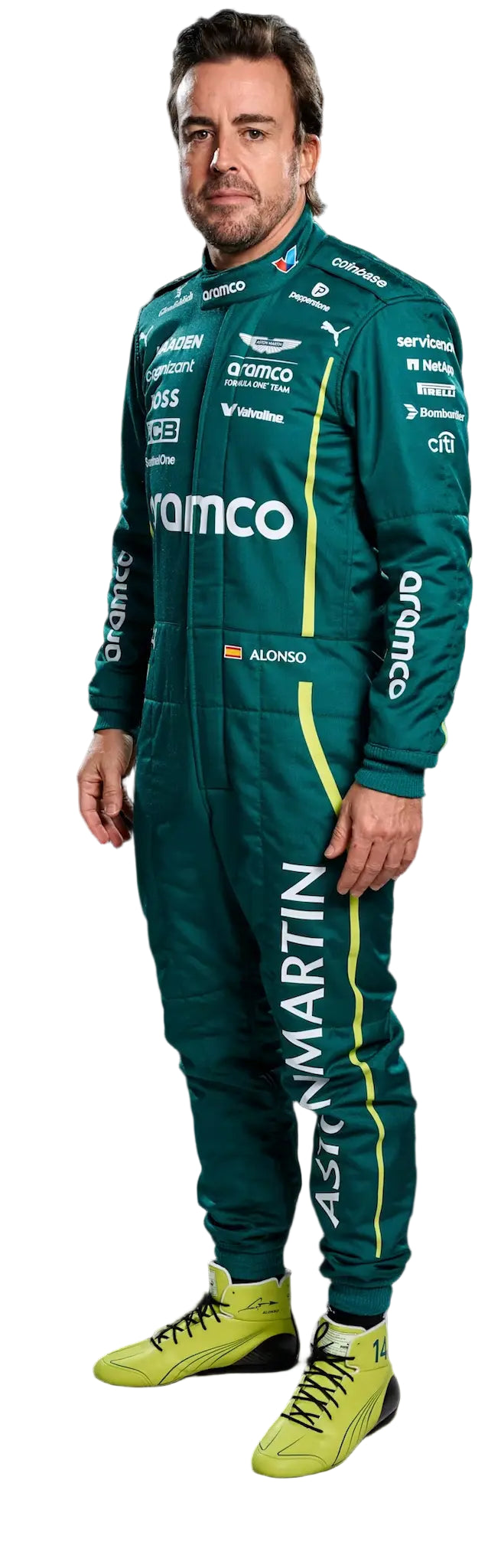 Fernando wearing a green racing suit with various sponsor logos on a black background