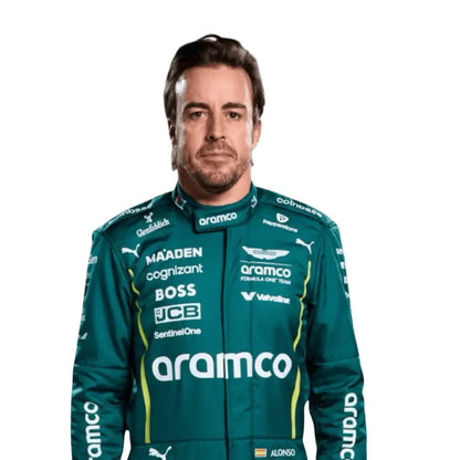 Fernando Alonso wearing the 2025 Aston Martin F1 Team official replica suit, standing confidently with arms crossed