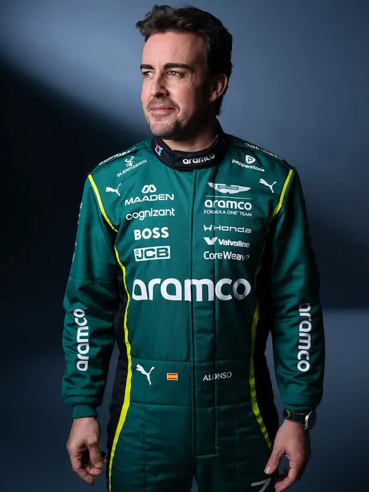 Front view of Fernando Alonso 2026 replica race suit with team and sponsor branding.