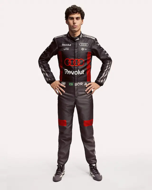 Front view of Gabriel Bortoleto replica race suit in Audi F1 factory team livery.