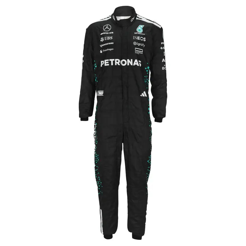 British driver George Russell in the 2025 Mercedes F1 team uniform, featuring Silver Arrows styling and #63.