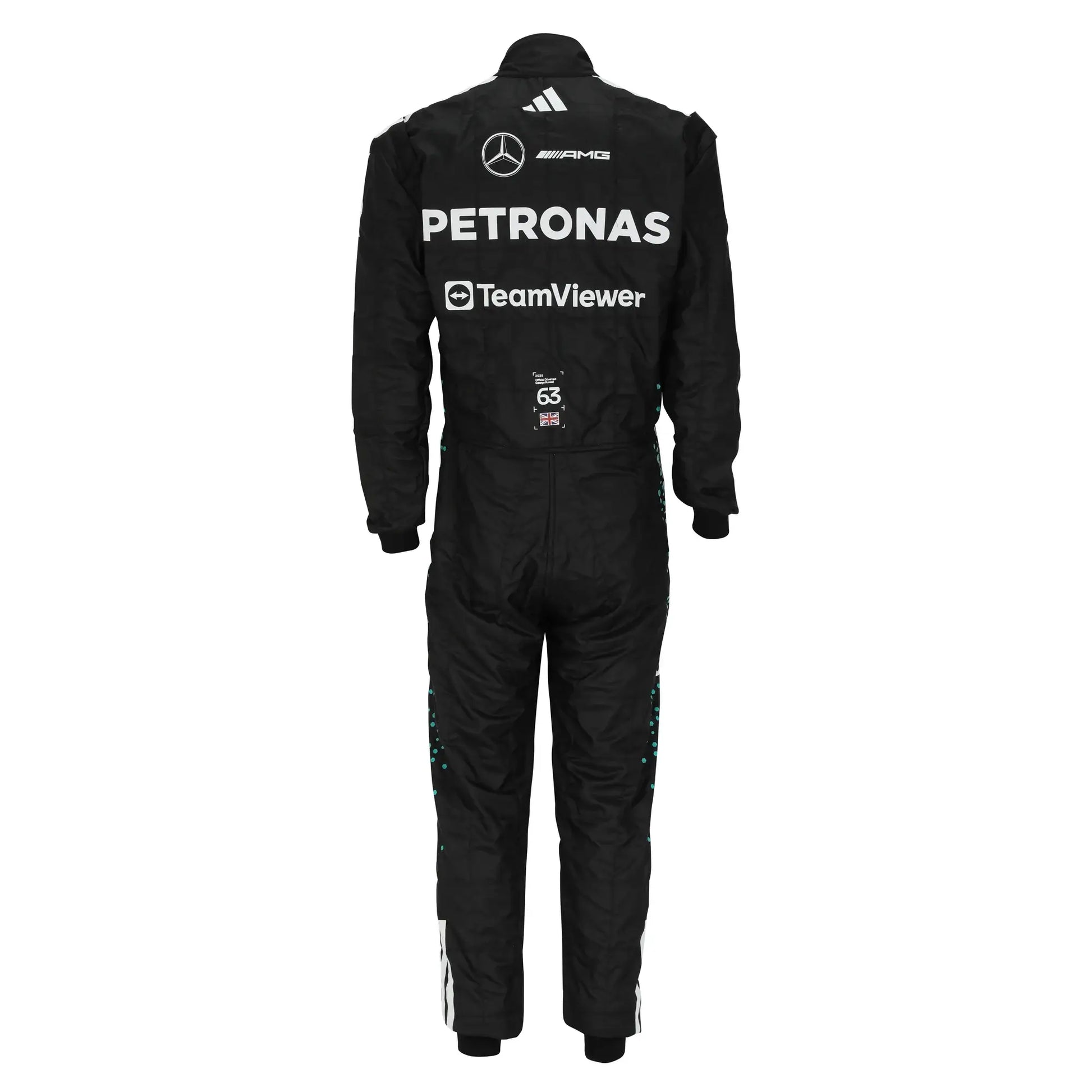 2025 Mercedes Formula 1 racing suit worn by George Russell, showcasing sleek design and driver number 63