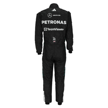 2025 Mercedes Formula 1 racing suit worn by George Russell, showcasing sleek design and driver number 63