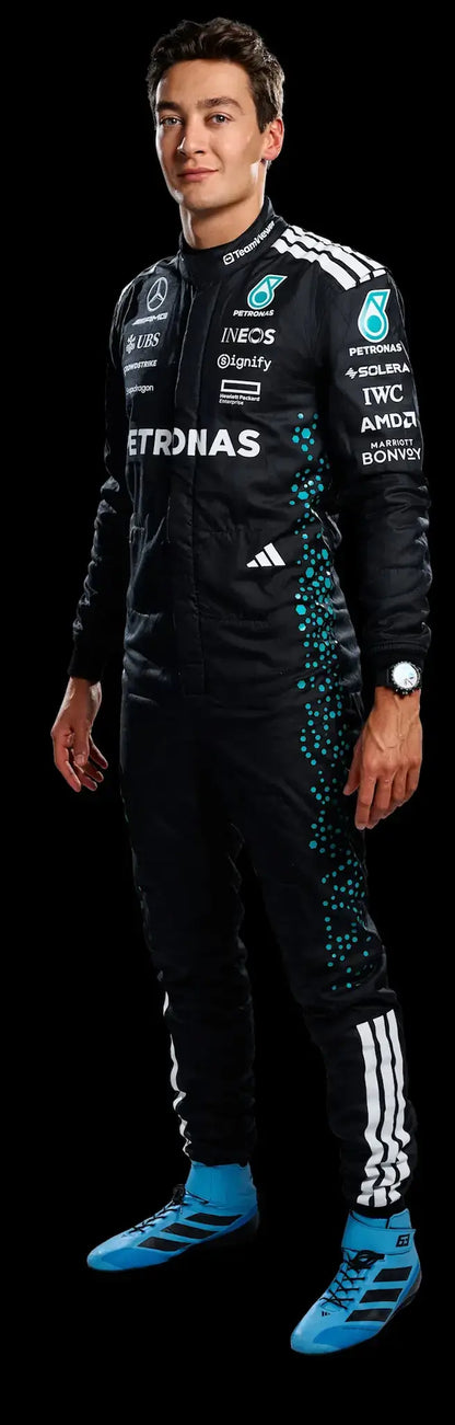 Front view of George Russell in his 2025 Silver Arrows F1 suit, proudly displaying #63 and team branding