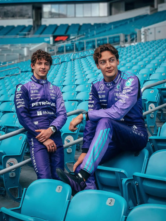 ront view of George Russell 2026 Miami GP Special Edition Mercedes-AMG F1 race suit featuring the exclusive purple colorway and Nu sponsor branding