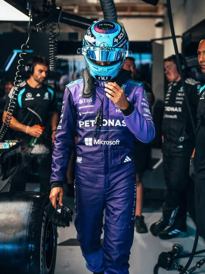 Side profile of George Russell's 2026 Miami Grand Prix Mercedes race suit showing detailed embroidery and technical racing patches.