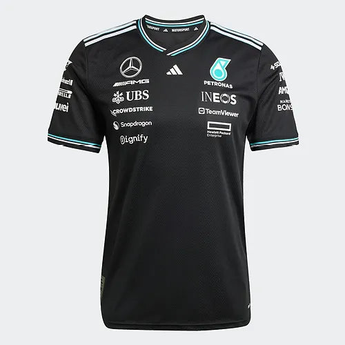 Close-up of sublimation details on George Russell Mercedes 2025 Black Polyester F1 Fan Shirt