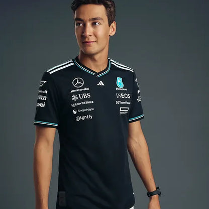 George Russell Mercedes Men’s 2025 Authentic Driver T-Shirt in Black – Front View