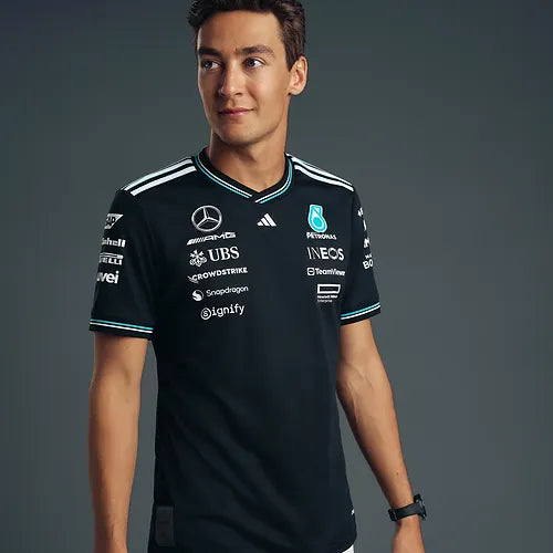 George Russell Mercedes Men’s 2025 Authentic Driver T-Shirt in Black – Front View