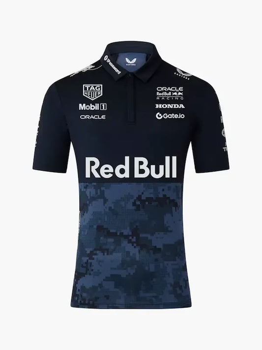 Front view of a Max Verstappen-inspired Red Bull Racing replica polo by AT Racing, featuring bold sponsor logos and a sleek, Hypebeast-style motorsport design