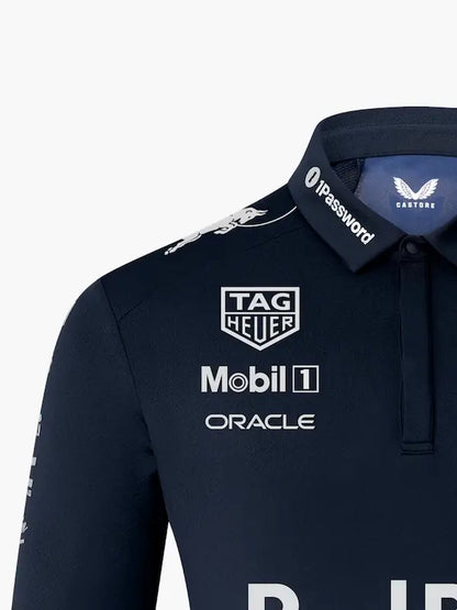 Close-up of the Red Bull and Oracle logos on the chest of the racing polo, highlighting high-quality embroidery and premium stitching