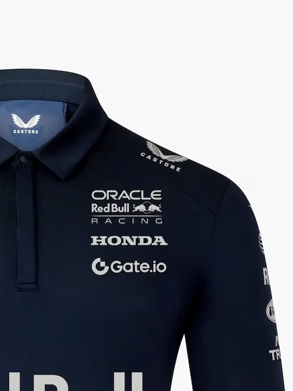 Side profile of a model wearing the Max Verstappen Red Bull replica polo, showing athletic fit and sleeve sponsor patche