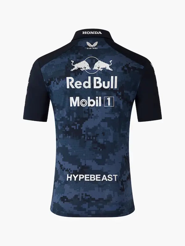 Back of the premium Red Bull Racing polo shirt showing Verstappen’s name, car number, and detailed team branding in a streetwear-inspired style