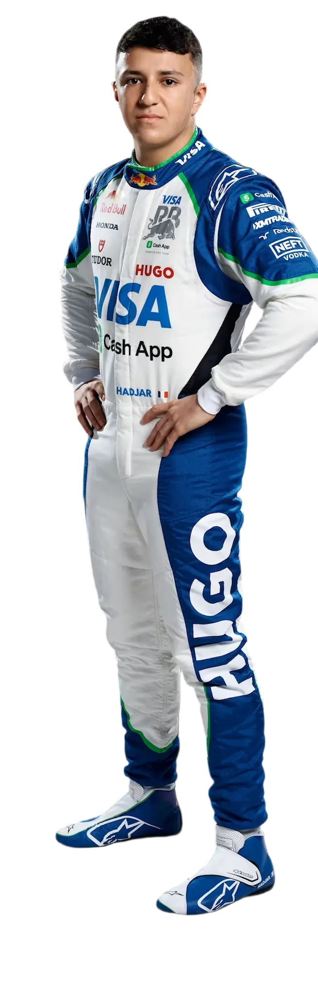 Close-up detail of the Visa Cash App RB replica suit chest, highlighting the Visa, Cash App, and RB team logos on the shoulder