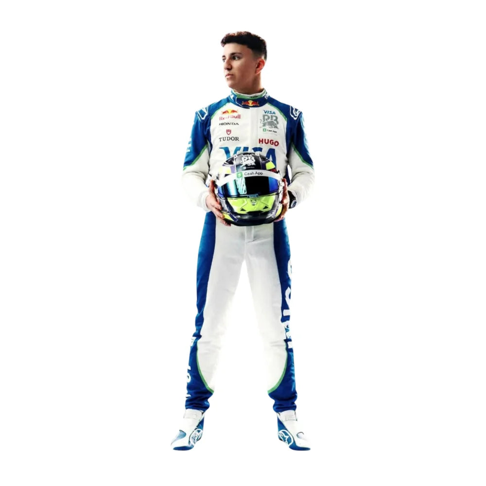 2025 Isack Hadjar Visa Cash App RB replica F1 racing suit, front view, showing full blue, red, and black design with team and sponsor logos