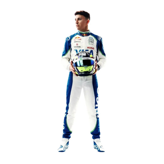 2025 Isack Hadjar Visa Cash App RB replica F1 racing suit, front view, showing full blue, red, and black design with team and sponsor logos