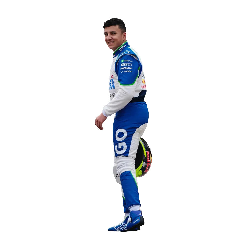 Fan wearing the Isack Hadjar VCARB replica racing suit, demonstrating the fit and style of the official F1 gear for race day