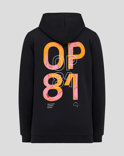 Black hoodie with colorful 'OP84' design on the back against a light gray background
