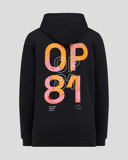 Black hoodie with colorful 'OP84' design on the back against a light gray background