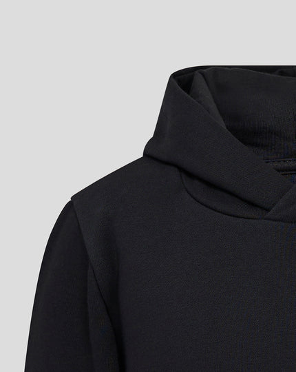 Close-up of a black hoodie on a light gray background