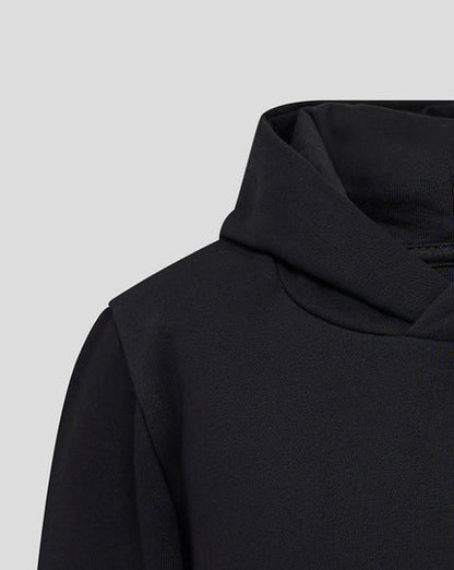 Close-up of a black hoodie on a light gray background