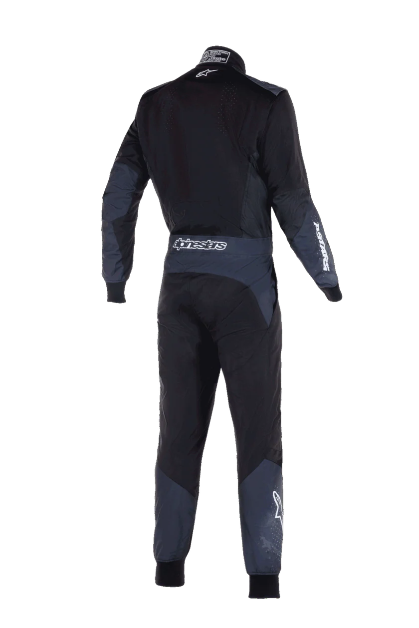 Black and blue racing suit with 'Oxbow' branding on a white background