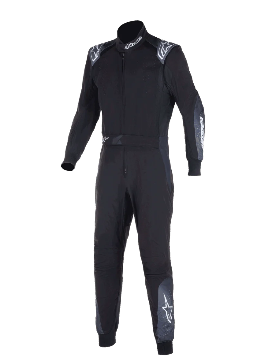 Black racing suit with white logos on a white background