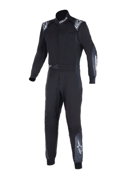 Black racing suit with white logos on a white background