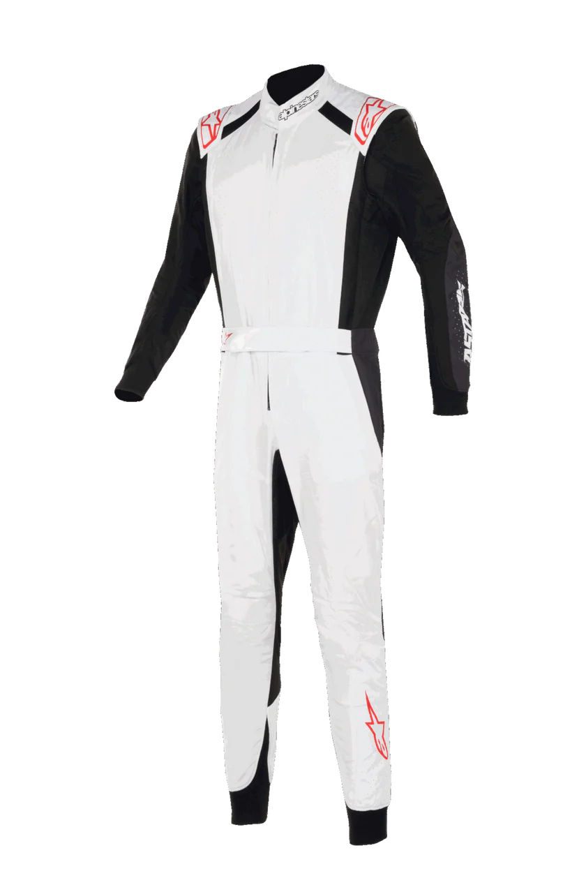 White and black racing suit with red accents on a white background
