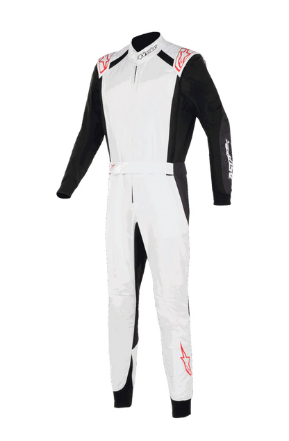White and black racing suit with red accents on a white background