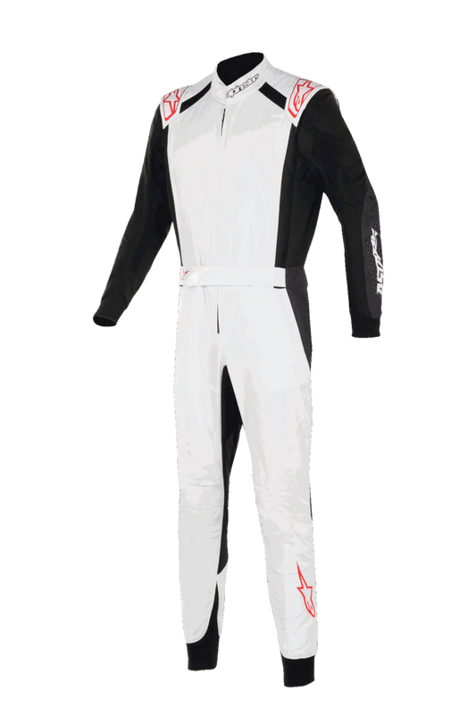 White and black racing suit with red accents on a white background