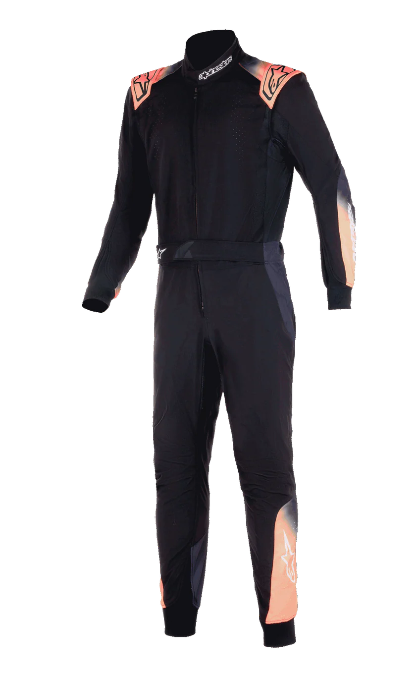 Black racing suit with orange accents on a white background