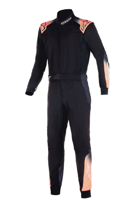 Black racing suit with orange accents on a white background