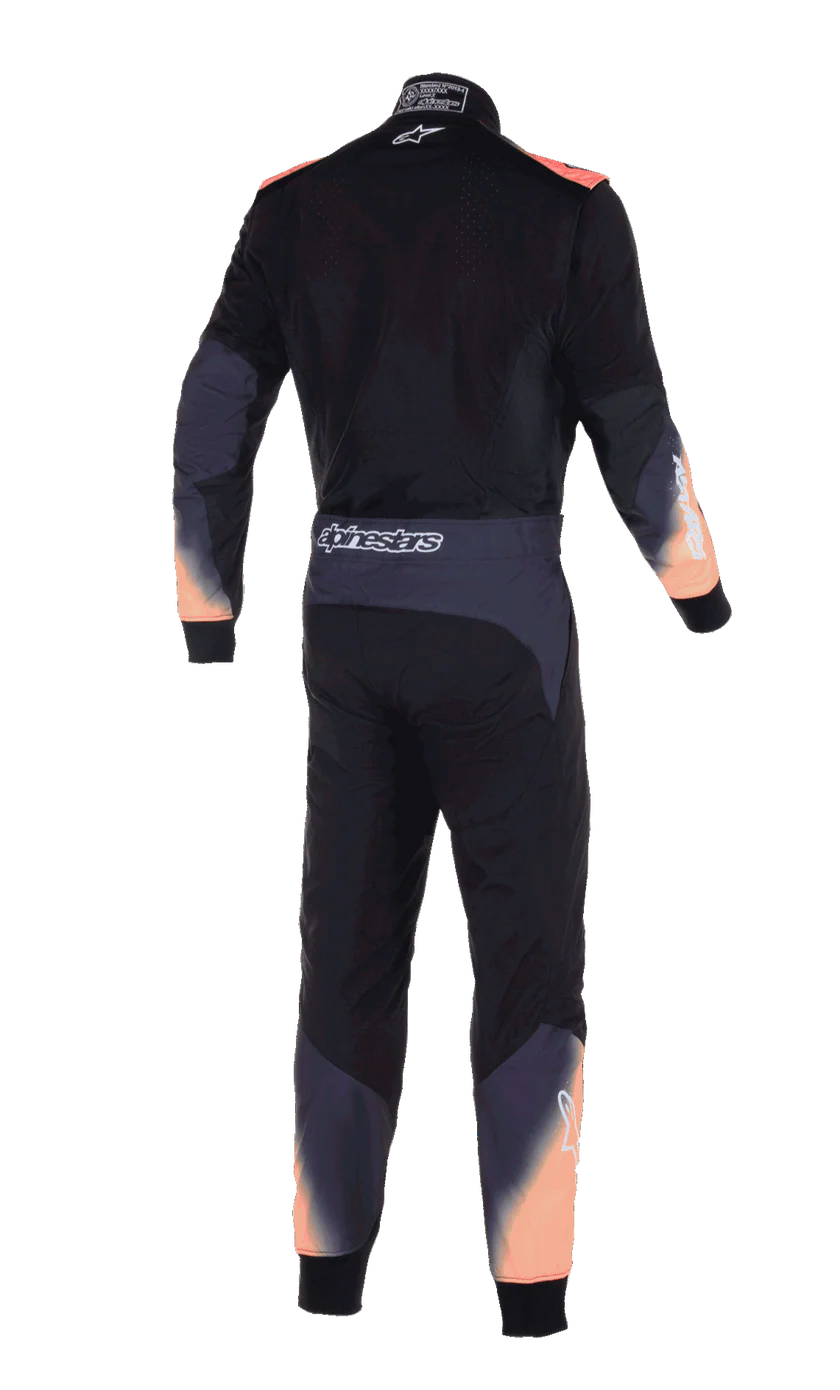 Black racing suit with brand logo on a white background