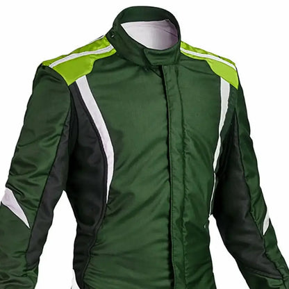 
Front view of green karting suit with racing stripes and heavy-duty zipper.
