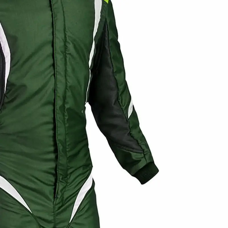 Green racing suit with white accents on a white background