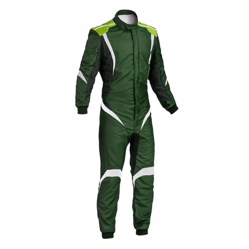 Professional green kart suit displayed, showcasing racing stripes and ergonomic design.