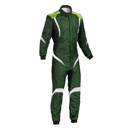 Professional green kart suit displayed, showcasing racing stripes and ergonomic design.