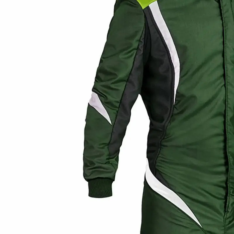 Green racing suit with white accents on a white background