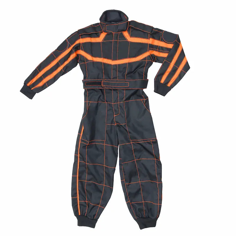 Black racing suit with orange stripes on a white background