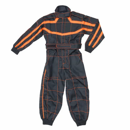 Black racing suit with orange stripes on a white background